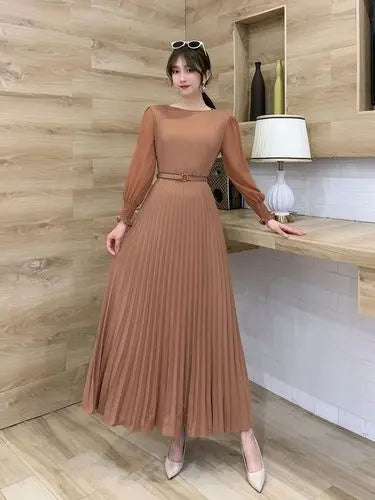 O-neck Long Sleeve A-line Dress Office Lady Pleated Maxi Dress - Blade & Thread