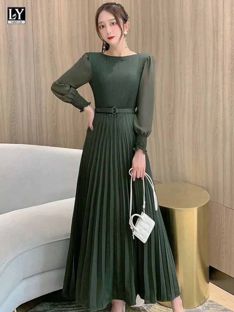 O-neck Long Sleeve A-line Dress Office Lady Pleated Maxi Dress - Blade & Thread