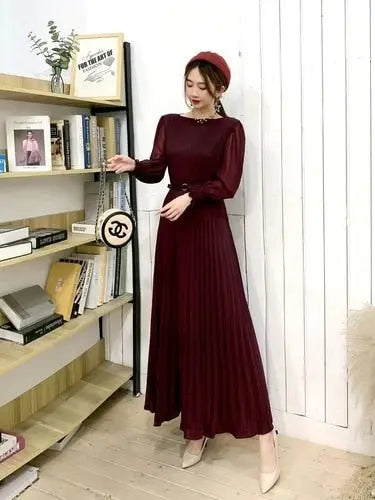 O-neck Long Sleeve A-line Dress Office Lady Pleated Maxi Dress - Blade & Thread
