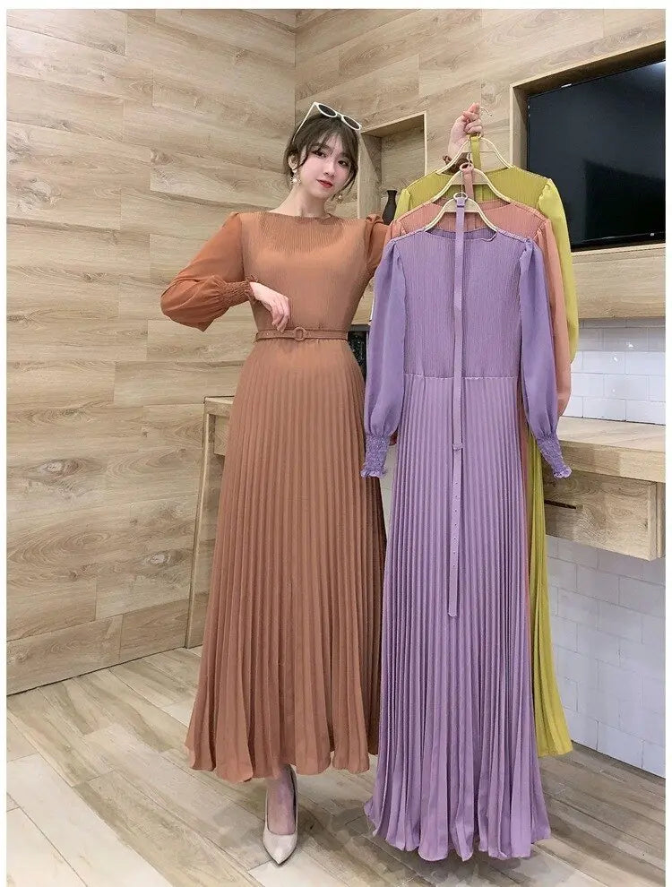 O-neck Long Sleeve A-line Dress Office Lady Pleated Maxi Dress - Blade & Thread