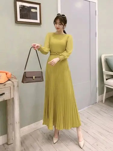 O-neck Long Sleeve A-line Dress Office Lady Pleated Maxi Dress - Blade & Thread