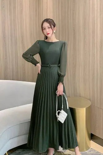 O-neck Long Sleeve A-line Dress Office Lady Pleated Maxi Dress - Blade & Thread