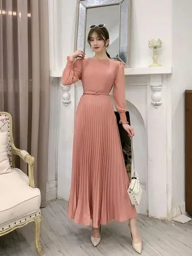 O-neck Long Sleeve A-line Dress Office Lady Pleated Maxi Dress - Blade & Thread