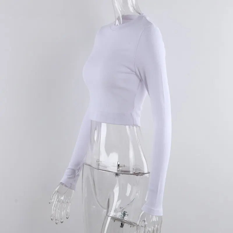 O Neck Long Sleeve Shirt Women Ribbed Sexy Cropped Tops Casual Skinny T Shirts White - Blade & Thread