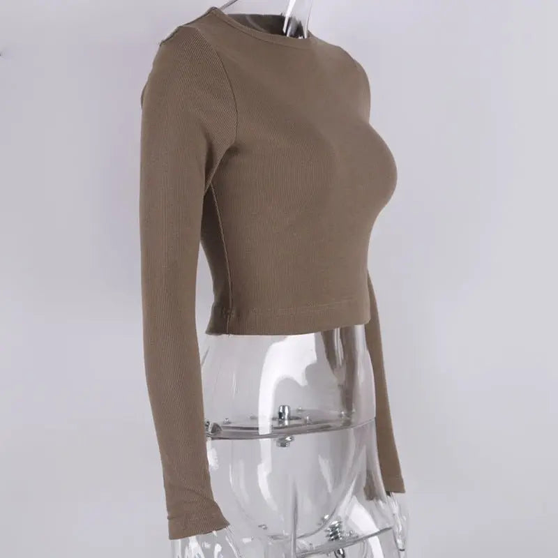 O Neck Long Sleeve Shirt Women Ribbed Sexy Cropped Tops Casual Skinny T Shirts White - Blade & Thread