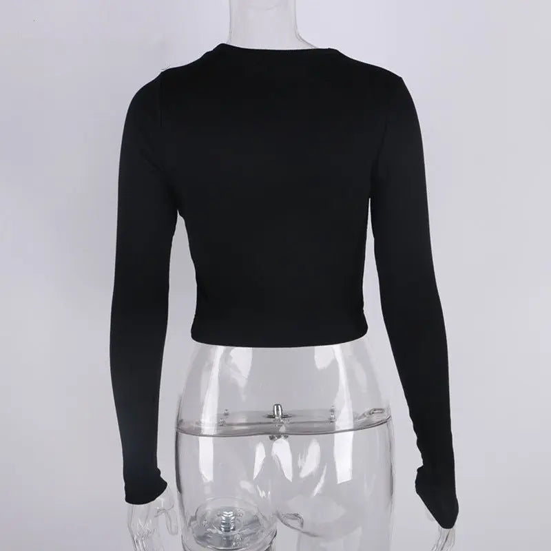 O Neck Long Sleeve Shirt Women Ribbed Sexy Cropped Tops Casual Skinny T Shirts White - Blade & Thread