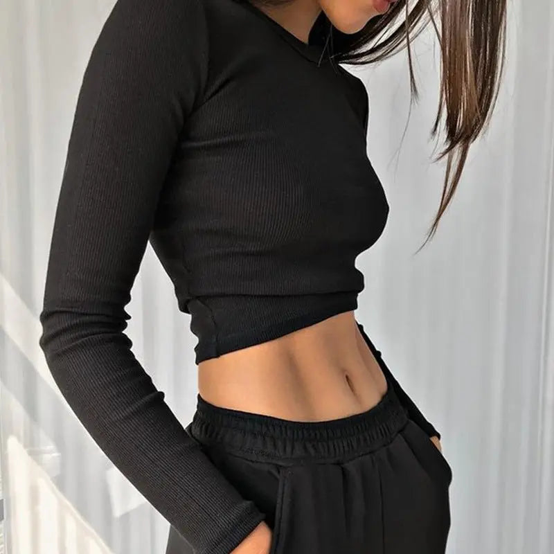 O Neck Long Sleeve Shirt Women Ribbed Sexy Cropped Tops Casual Skinny T Shirts White - Blade & Thread