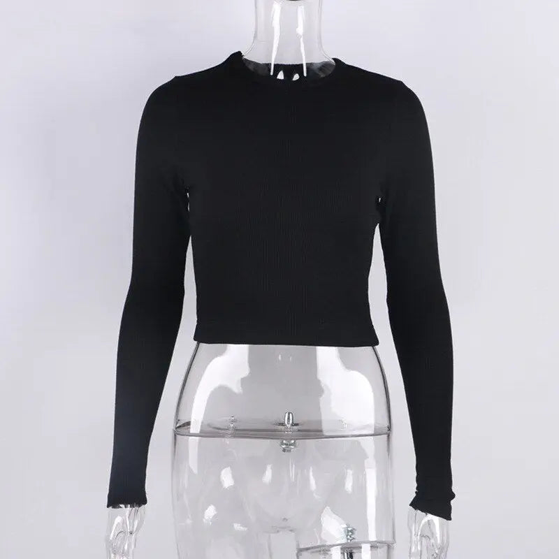 O Neck Long Sleeve Shirt Women Ribbed Sexy Cropped Tops Casual Skinny T Shirts White - Blade & Thread
