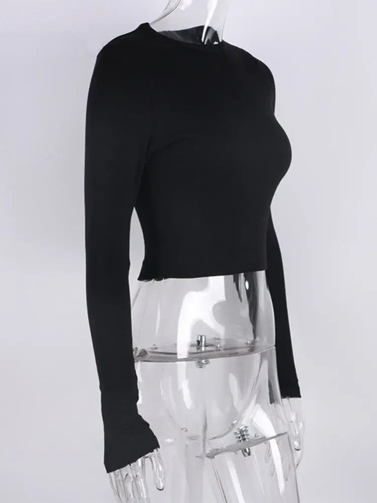 O Neck Long Sleeve Shirt Women Ribbed Sexy Cropped Tops Casual Skinny T Shirts White - Blade & Thread