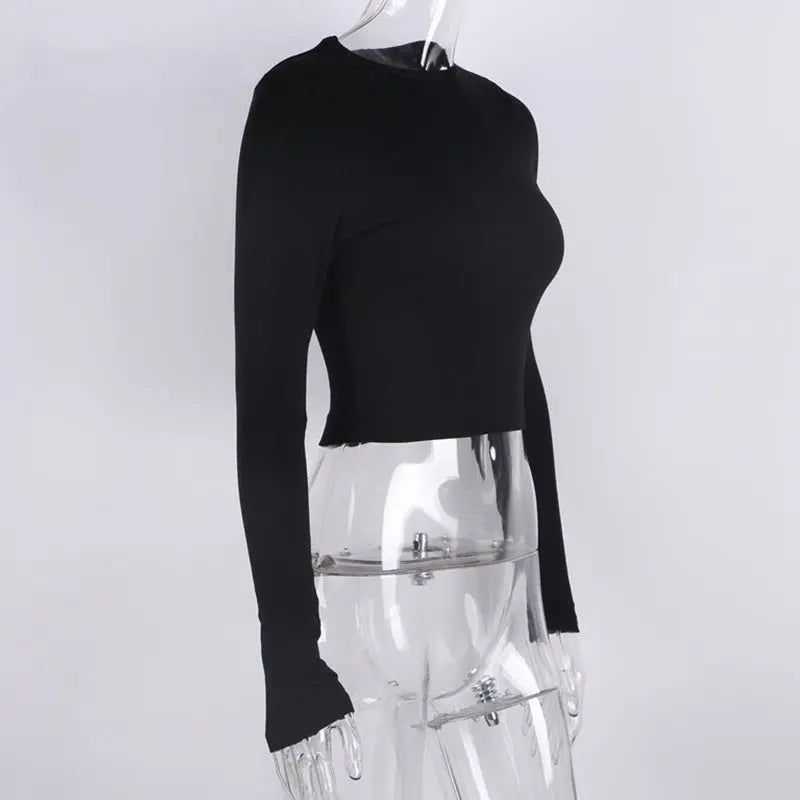O Neck Long Sleeve Shirt Women Ribbed Sexy Cropped Tops Casual Skinny T Shirts White - Blade & Thread