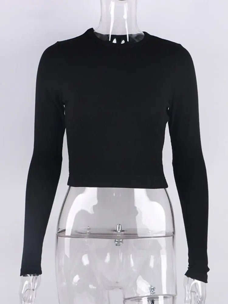 O Neck Long Sleeve Shirt Women Ribbed Sexy Cropped Tops Casual Skinny T Shirts White - Blade & Thread