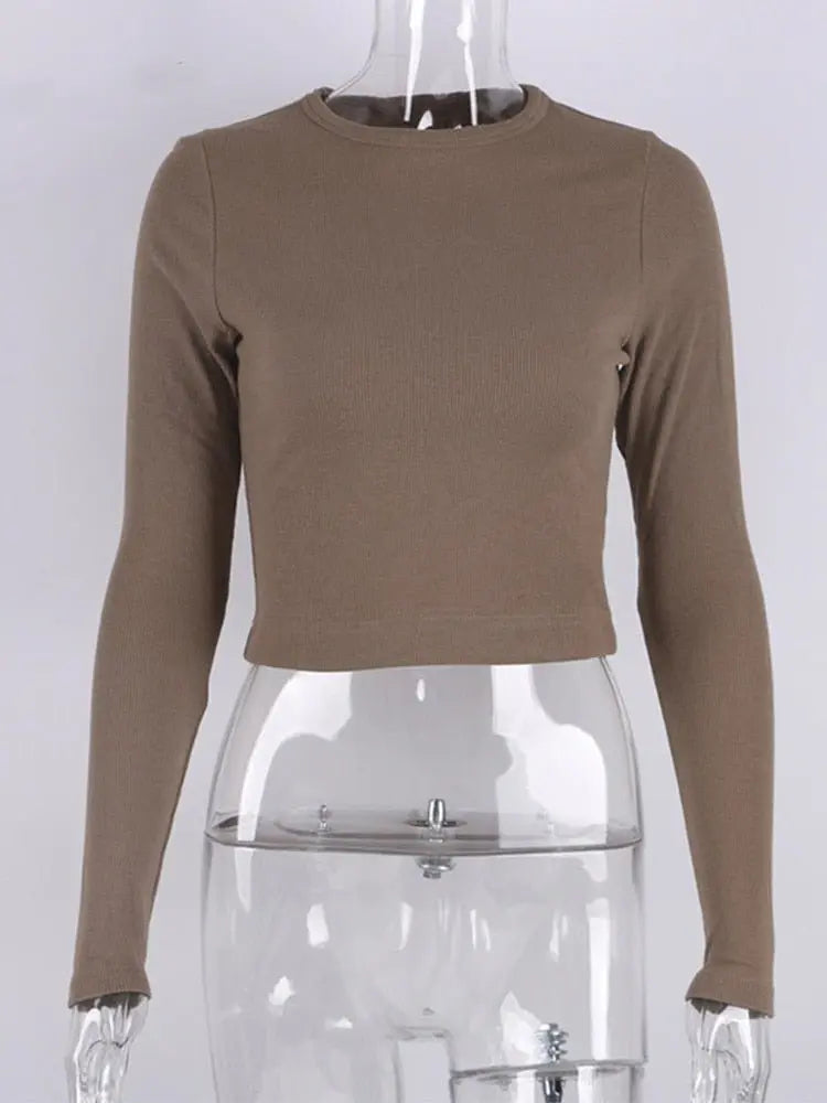 O Neck Long Sleeve Shirt Women Ribbed Sexy Cropped Tops Casual Skinny T Shirts White - Blade & Thread