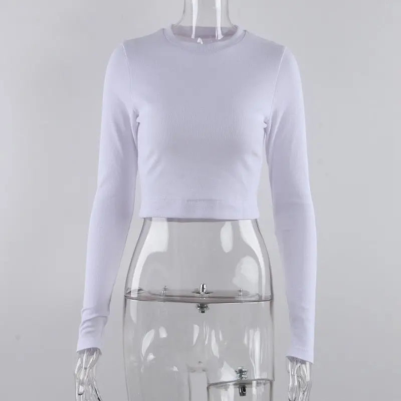 O Neck Long Sleeve Shirt Women Ribbed Sexy Cropped Tops Casual Skinny T Shirts White - Blade & Thread