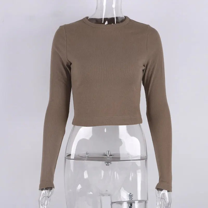 O Neck Long Sleeve Shirt Women Ribbed Sexy Cropped Tops Casual Skinny T Shirts White - Blade & Thread