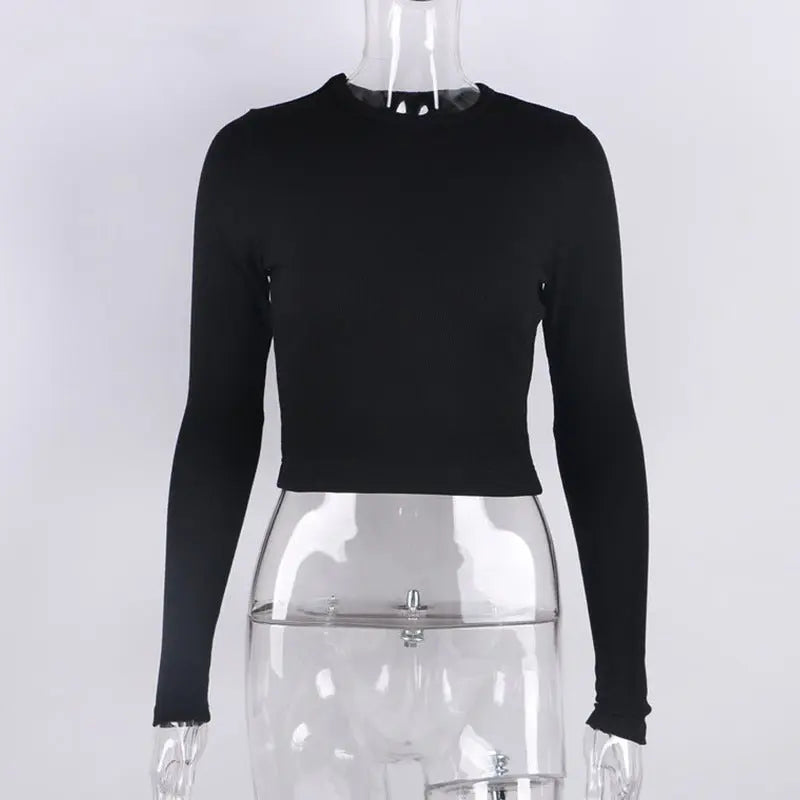 O Neck Long Sleeve Shirt Women Ribbed Sexy Cropped Tops Casual Skinny T Shirts White - Blade & Thread