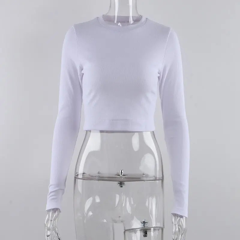 O Neck Long Sleeve Shirt Women Ribbed Sexy Cropped Tops Casual Skinny T Shirts White - Blade & Thread