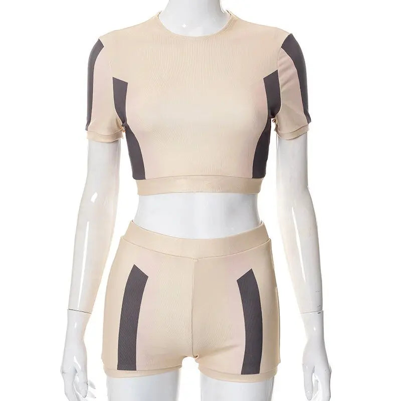 O Neck Short Sleeves Patchwork Crop T Shirt Shorts 2 Pieces Set - Blade & Thread