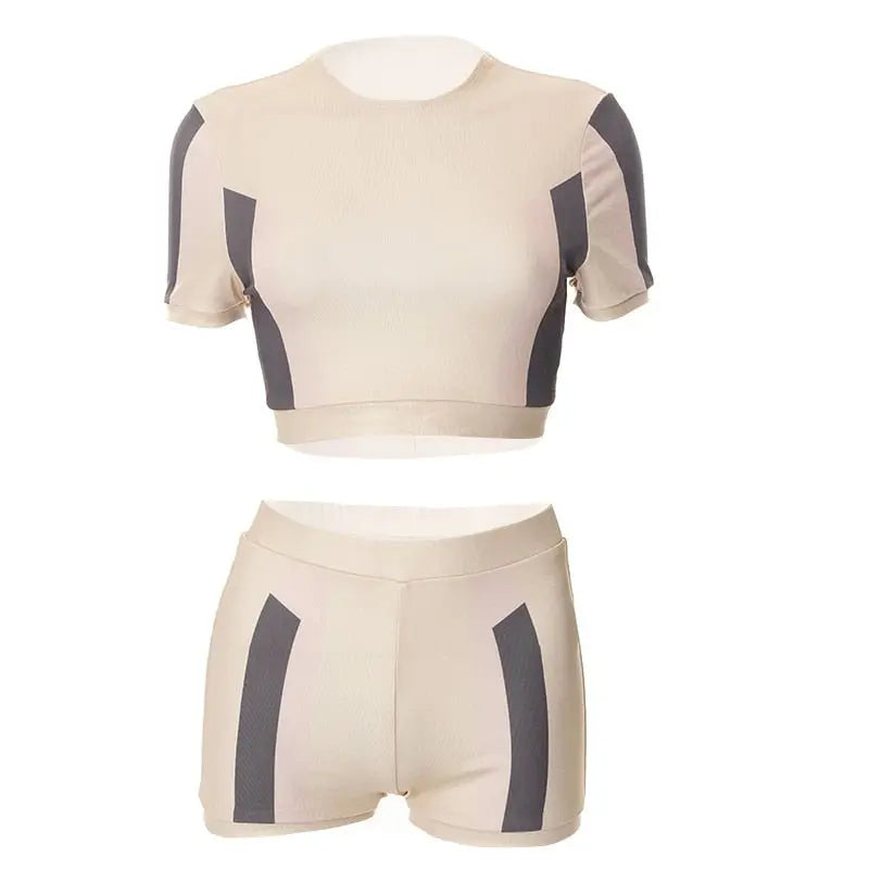 O Neck Short Sleeves Patchwork Crop T Shirt Shorts 2 Pieces Set - Blade & Thread