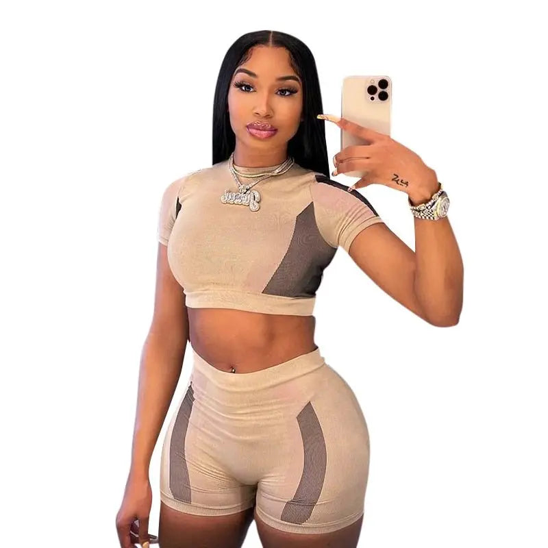 O Neck Short Sleeves Patchwork Crop T Shirt Shorts 2 Pieces Set - Blade & Thread