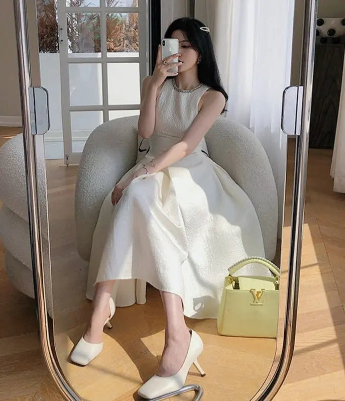 O-neck Sleeveless Party Dress Women Slim Waist Solid Female A-line Dress - Blade & Thread