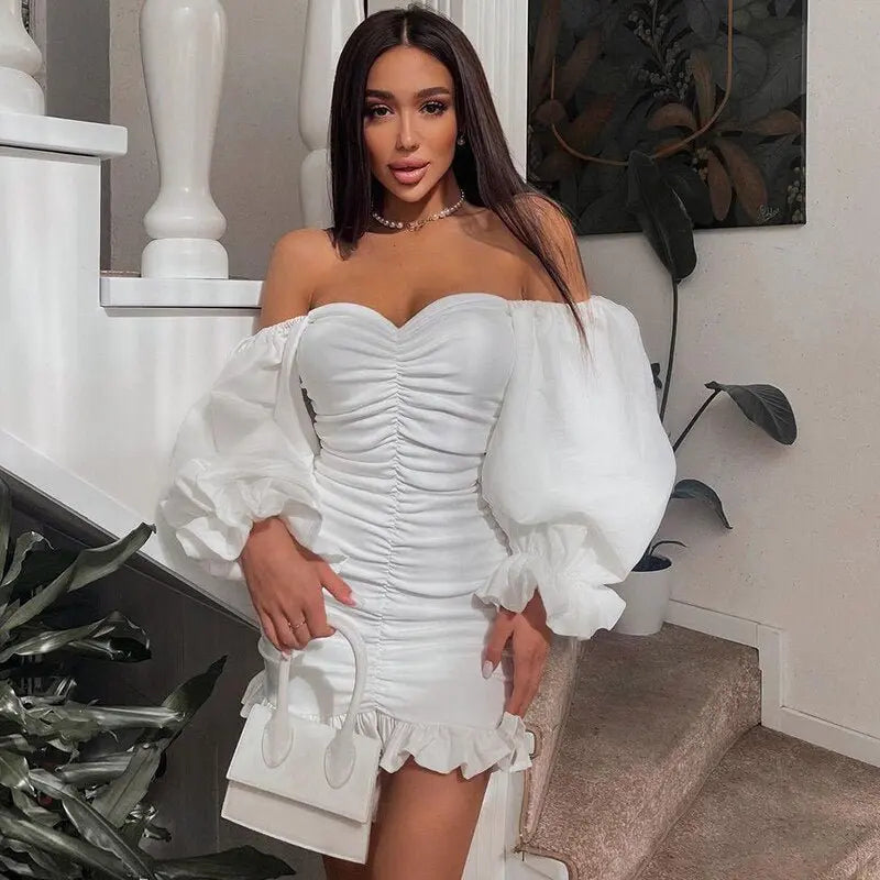 Off Shoulder Long Loose Flare Puff Sleeve Ruched Mini Dress - Blade & Thread