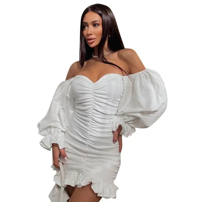 Off Shoulder Long Loose Flare Puff Sleeve Ruched Mini Dress - Blade & Thread