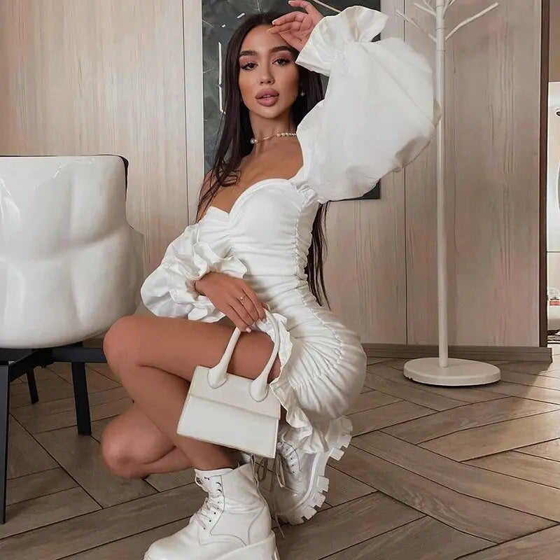 Off Shoulder Long Loose Flare Puff Sleeve Ruched Mini Dress - Blade & Thread