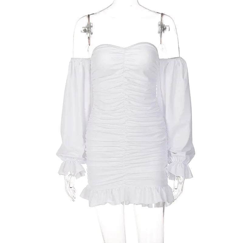 Off Shoulder Long Loose Flare Puff Sleeve Ruched Mini Dress - Blade & Thread