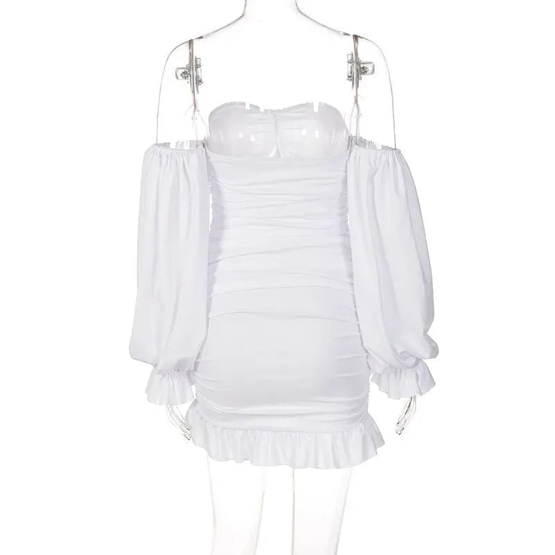 Off Shoulder Long Loose Flare Puff Sleeve Ruched Mini Dress - Blade & Thread