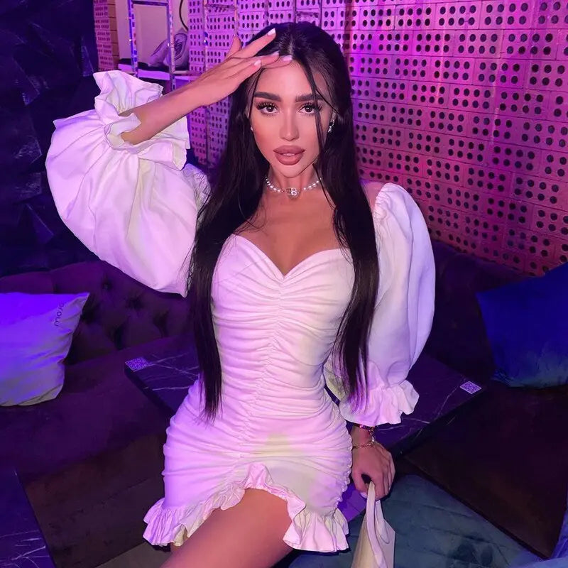 Off Shoulder Long Loose Flare Puff Sleeve Ruched Mini Dress - Blade & Thread
