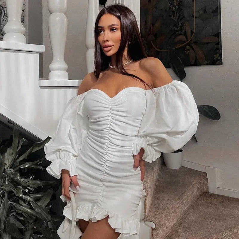 Off Shoulder Long Loose Flare Puff Sleeve Ruched Mini Dress - Blade & Thread