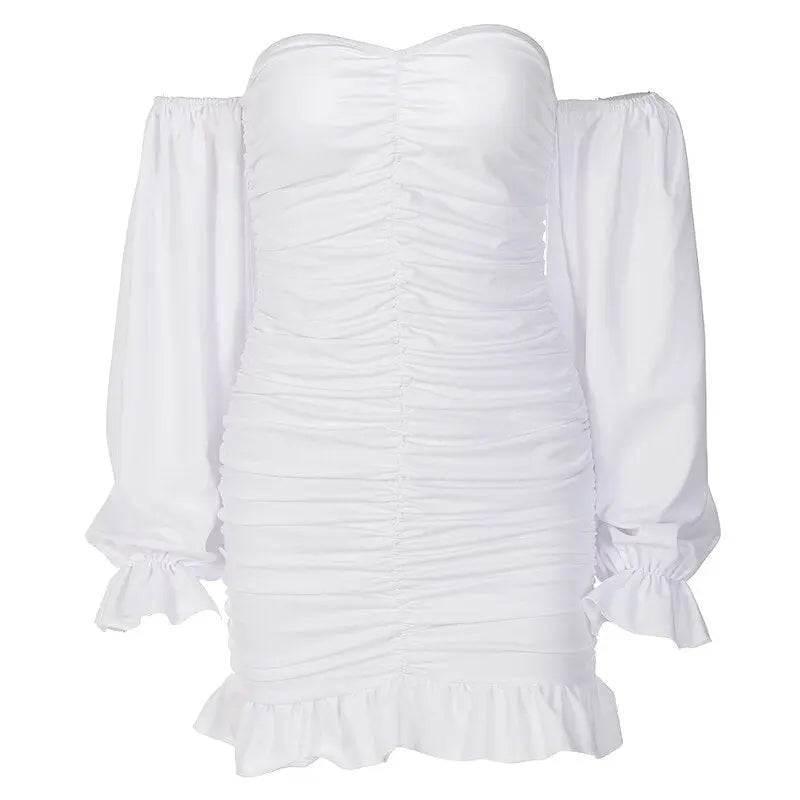 Off Shoulder Long Loose Flare Puff Sleeve Ruched Mini Dress - Blade & Thread