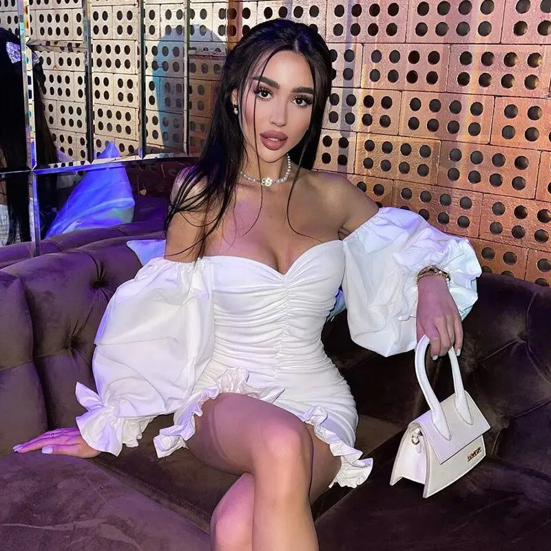 Off Shoulder Long Loose Flare Puff Sleeve Ruched Mini Dress - Blade & Thread