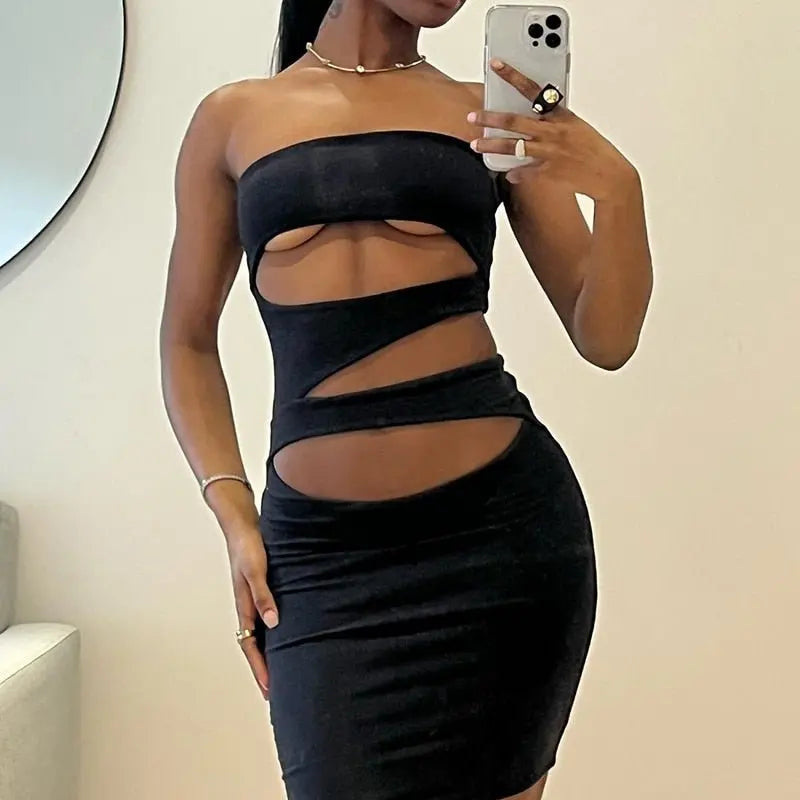 Off Shoulder Strapless Solid Hollow Out Mini Prom Dress Sexy Skinny - Blade & Thread