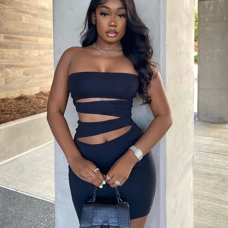 Off Shoulder Strapless Solid Hollow Out Mini Prom Dress Sexy Skinny - Blade & Thread