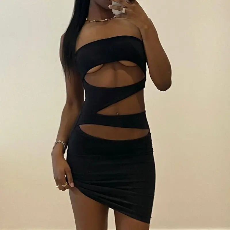 Off Shoulder Strapless Solid Hollow Out Mini Prom Dress Sexy Skinny - Blade & Thread