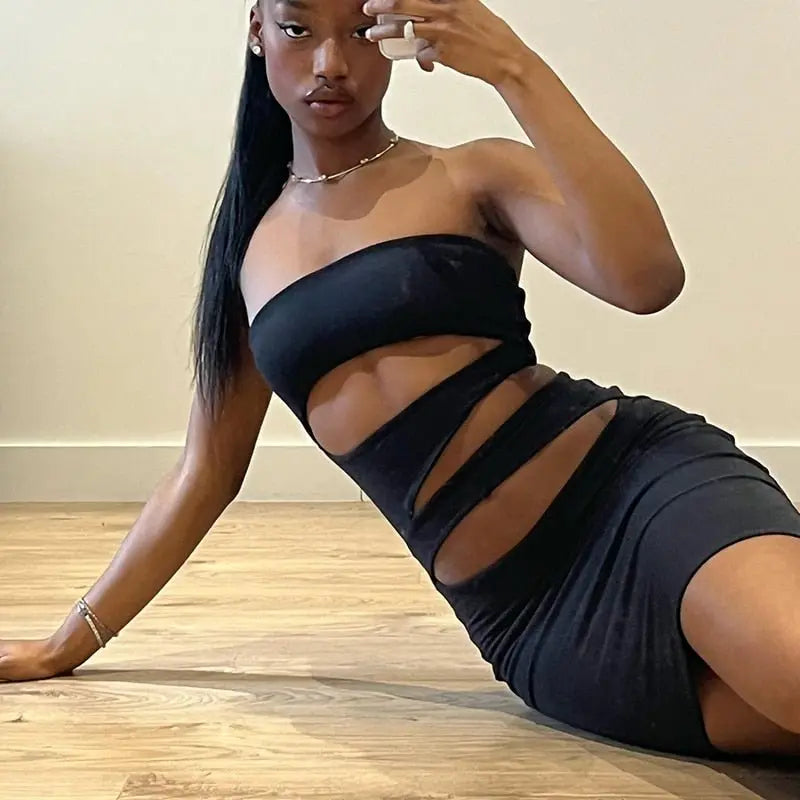 Off Shoulder Strapless Solid Hollow Out Mini Prom Dress Sexy Skinny - Blade & Thread
