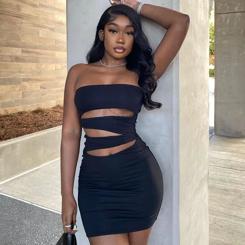 Off Shoulder Strapless Solid Hollow Out Mini Prom Dress Sexy Skinny - Blade & Thread