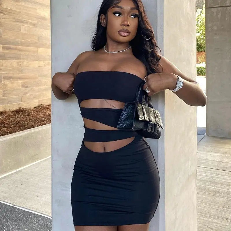 Off Shoulder Strapless Solid Hollow Out Mini Prom Dress Sexy Skinny - Blade & Thread