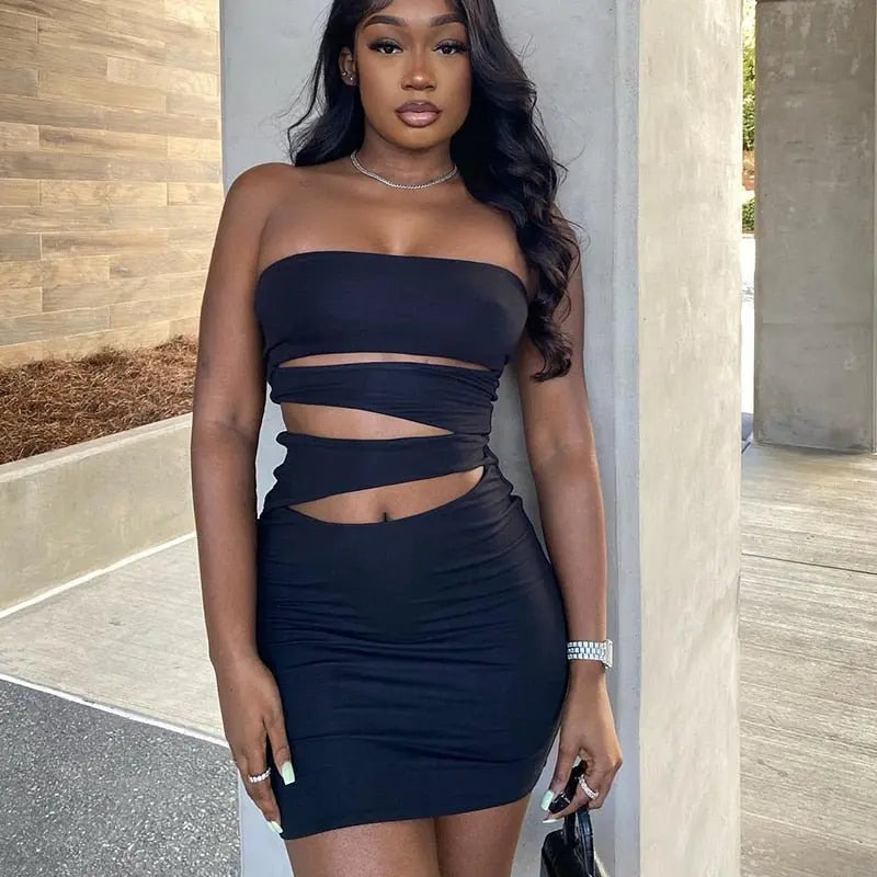 Off Shoulder Strapless Solid Hollow Out Mini Prom Dress Sexy Skinny - Blade & Thread