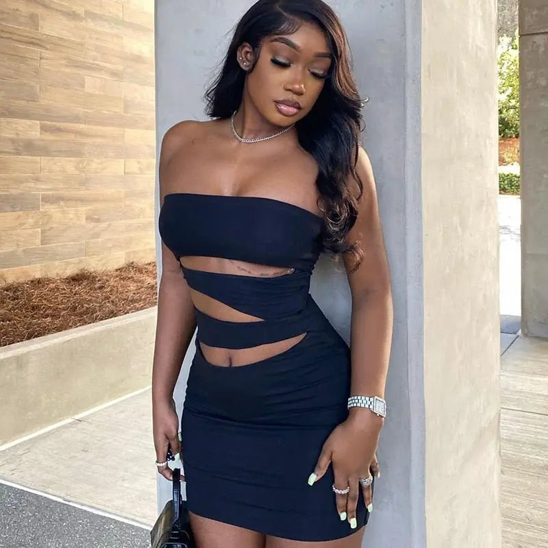 Off Shoulder Strapless Solid Hollow Out Mini Prom Dress Sexy Skinny - Blade & Thread