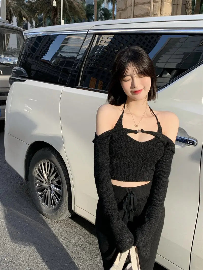 Off Shoulder Tops Women Skinny Slash Neck Halterneck Knitted Shirts y2k Summer 2022 - Blade & Thread
