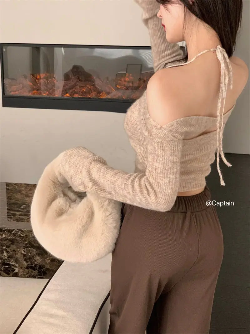 Off Shoulder Tops Women Skinny Slash Neck Halterneck Knitted Shirts y2k Summer 2022 - Blade & Thread