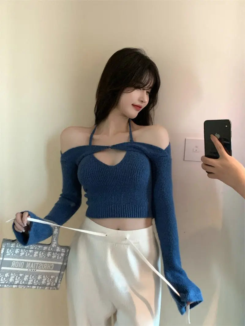 Off Shoulder Tops Women Skinny Slash Neck Halterneck Knitted Shirts y2k Summer 2022 - Blade & Thread