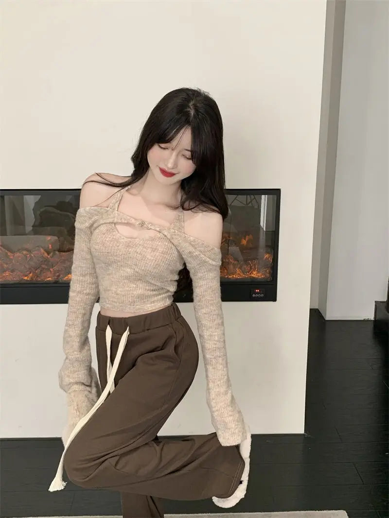 Off Shoulder Tops Women Skinny Slash Neck Halterneck Knitted Shirts y2k Summer 2022 - Blade & Thread