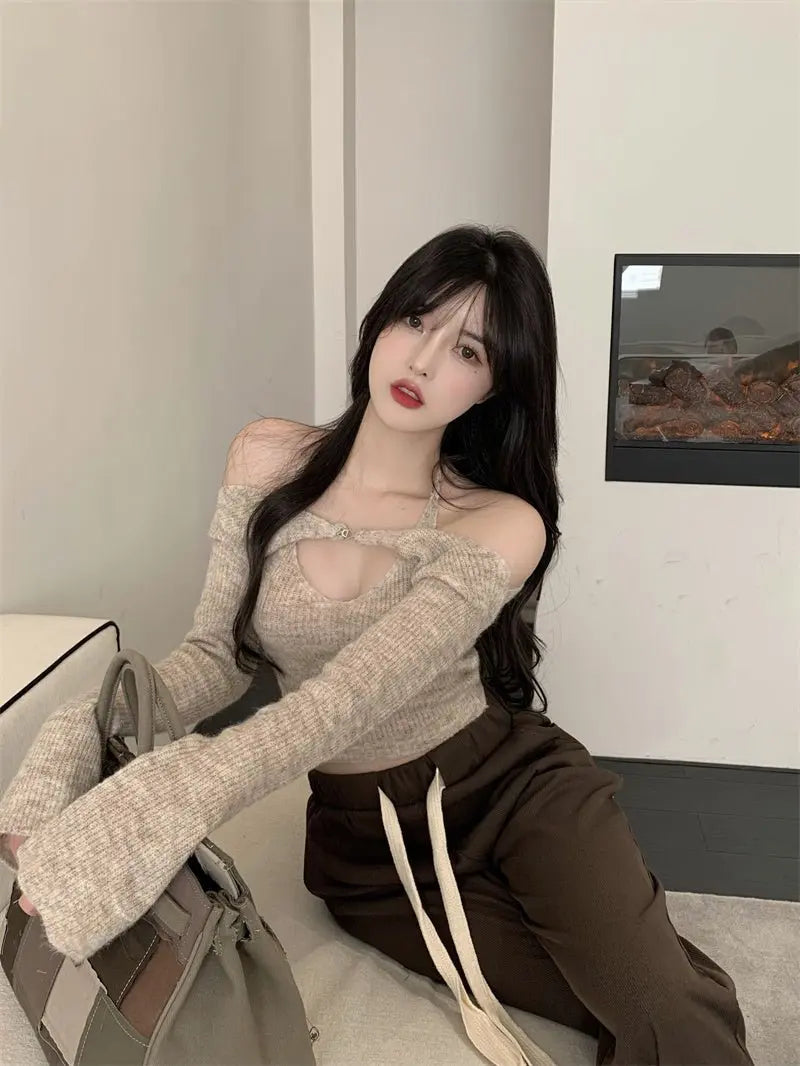 Off Shoulder Tops Women Skinny Slash Neck Halterneck Knitted Shirts y2k Summer 2022 - Blade & Thread