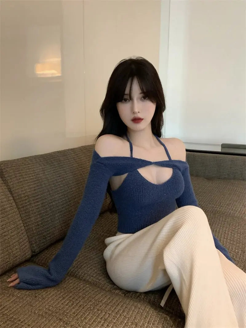 Off Shoulder Tops Women Skinny Slash Neck Halterneck Knitted Shirts y2k Summer 2022 - Blade & Thread