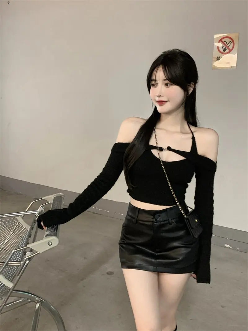 Off Shoulder Tops Women Skinny Slash Neck Halterneck Knitted Shirts y2k Summer 2022 - Blade & Thread