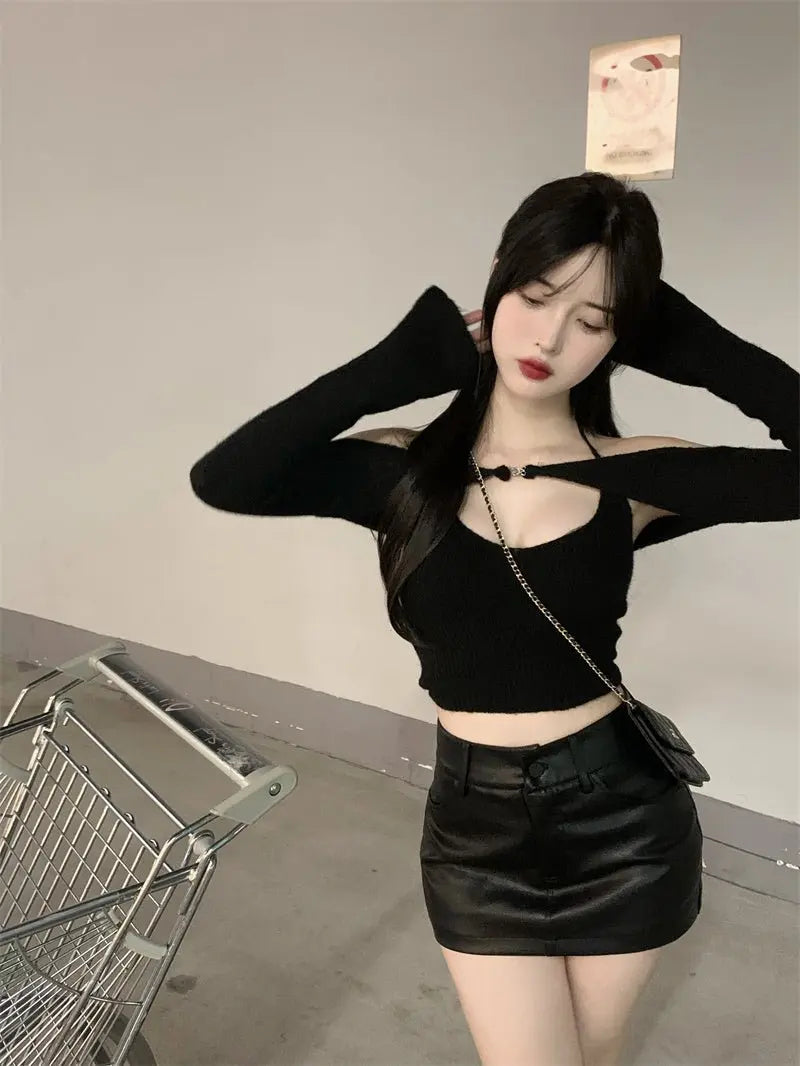 Off Shoulder Tops Women Skinny Slash Neck Halterneck Knitted Shirts y2k Summer 2022 - Blade & Thread
