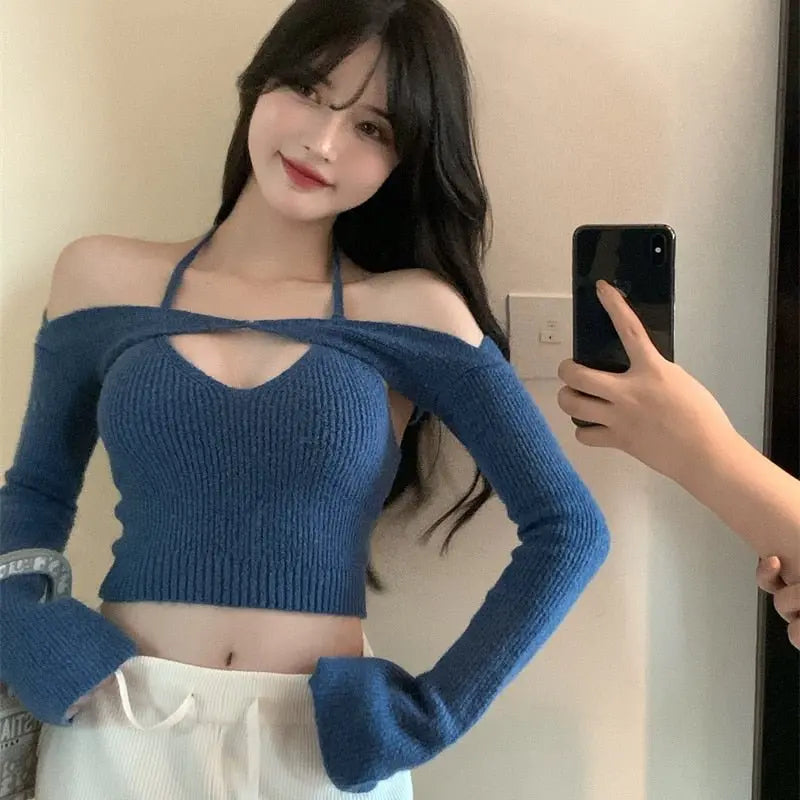 Off Shoulder Tops Women Skinny Slash Neck Halterneck Knitted Shirts y2k Summer 2022 - Blade & Thread